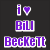 Pixelated image with dark left side showing purple text 'i' and heart symbol above 'Bill', right side features person in red top holding hands near face against light background with pink hearts.