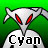 Pixelated character with white body, red eyes, and black text 'Cyan' on chest against green background.