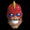 Animated sequence of a red-masked character's face with blue goggles, showing progressive mouth and head size changes against black background.
