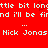 Red background with white pixelated text repeating 'little bit long' and 'and i'll be find', followed by three dots, then 'Nick Jonas' repeated twice.