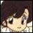 Pixelated anime-style character with dark hair and large eyes, positioned next to stylized text on a black background.