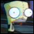 Pixelated static icon of a cartoon character with large white eyes, yellow-green body, and stick-figure limbs against dark background.
