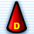 Red cone-shaped object with black outline and yellow letter D on front, set against light blue striped background.