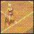 Pixelated character in a dynamic pose with a sword, set against a golden background with scattered colored pixels.