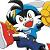 Pixelated cartoon character with blue hair, red mouth, and white face holding a yellow object in one hand and a red object in the other.