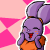 Purple cartoon character with large ears and orange torso on pink geometric background, showing multiple facial expressions.