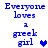 Blue pixelated text 'Everyone loves a greek girl' with heart symbols in various positions