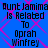 Blue background with pink diamond pattern and repeated black text reading "Aunt Jamima Is Related To Oprah Winfrey" in pixelated font.