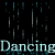 Animated icon with light blue text reading 'Dancing in the rain' over a black background of falling vertical lines resembling rain.