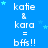Blue background with repeated white text 'katie & kara = bffs!!' and light blue stars, arranged in a pattern with a gray rectangle in the bottom-right corner