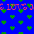 Blue background with repeating green heart shapes and red text reading 'LOVE JS LOVE' in a pixelated style.