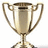 A silver trophy with two handles on a white background, next to yellow with red pixelated text