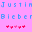 Pixelated text 'Justin' and 'Bieber' in blue on pink background with red heart symbols below.