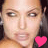 Two side-by-side pixelated images of a person with dark hair, each featuring a heart symbol below the face; left heart is bright pink, right heart is light purple.