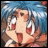 Pixelated anime-style character with blue hair and wide red eyes, mouth open in a shout, next to stylized text on black background.