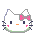 Pixelated Hello Kitty face with pink bow, black eyes, orange nose, and green whiskers; four variations show different expressions and a 'UP!' text overlay.