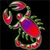 Pixelated scorpion icon with vibrant red and purple body, green limbs, and curved tail against black background.