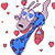 A pixelated cartoon character with blue scarf and red shoes surrounded by floating hearts on white background, next to green text reading "Original Icons .com".