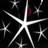 A static pixelated image featuring a central white starburst with eight radiating arms against a black background, surrounded by smaller faded stars.