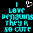 Pixelated cyan text on black background reads 'I love penguins they're so cute' with a white heart symbol above the first 'I'.