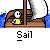 A 4-frame animated contact sheet showing a pixel art character on a sailboat with changing sail positions and water background.