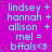 Static image of repeated text names and symbols on a bright purple background with cyan lettering.