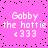 Pixelated pink background with scattered black dots and repeated white text reading 'Gabby the hottie <333' in four identical quadrants.