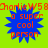 Blue starburst shape with red text on bright green background, repeated four times in a