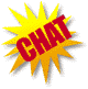 Two pixelated 'CHAT' icons with yellow and orange starburst shapes on gray background, one larger than the other.