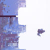 Pixelated blue and purple bridge structure with white background, small cloud-like shapes scattered across the scene.