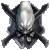 Pixelated static icon with central white reflective shape surrounded by dark angular extensions on gray background.