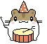 Pixel art hamster wearing orange polka-dot party hat, drumming on brown barrel with yellow top; two side-by-side frames show arm positions swapped.
