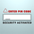 Red warning triangle with 'ENTER PIN CODE' text above a white input box, 'SECURITY ACTIVATED' text below, and a small gray slider moving left to right across the box in a sequence.