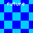 Pixelated blue and cyan checkered pattern with four instances of the word 'future' in white pixelated text.