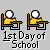 A 4x4 contact sheet of pixel art frames showing a yellow stick figure student at a desk with changing speech bubbles and text, all labeled "1st Day of School" on a gray background.