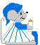 Pixelated character with blue hair and striped dress holds a bottle, then drinks from it
