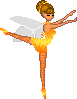 Pixelated fairy figure in orange and yellow dress with white wings, performing ballet pose against gray background.