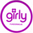 Purple circular icon with 'girly' text and a small square above the 'i', accompanied by 'hehe' and 'thats me!' text in purple on white background.
