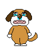 Pixelated brown dog with dark ears and blue tears, standing on white background in multiple expressions from crying to screaming.