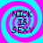 Four identical display 'NICK IS SEXY' text over pink and cyan spiral backgrounds with pixelated text