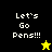 Pixelated text 'Let's Go Pens!!!' on split black-yellow and olive-green backgrounds with a yellow star and black star icon.
