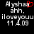 Pixelated text displays 'Alysha' with a red heart replacing the final letter, followed by 'ahh.', 'iloveyouu', and date '11.4.09' on black background.