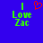 Blue background with green text 'I Love Zac' and a red pixelated heart symbol above the word 'Love'.