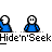 Animated contact sheet of a blue stick figure performing various actions in a Hide 'n Seek game with text labels and speech bubbles, displayed on gray background.