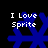 Four identical blue snowflake icons with white text "I Love Sprite" arranged in a 2x2 contact sheet on black background, each icon showing the same static design without visible animation changes between frames.