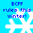 Blue background with four white snowflakes and blue text reading 'BCFF rules this winter!' in pixelated font.