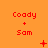 Red text "Coady + Sam" on orange background with animated pixel changes including plus signs, stars, and dots.