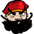Pixelated cartoon head with red cap, orange band, black beard, and white eyes on a transparent background.