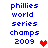 Blue pixelated text reads 'phillies world series champs 2009' with a red heart on the left and pink heart on the right, both hearts animated to pulse.