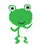 Green pixelated frog with large eyes and white belly in two side-by-side poses against gray background